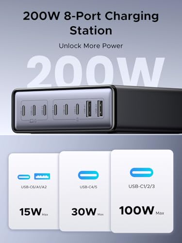 200W GaN 8 Port USB C Desktop Charging Station 100W PD Fast Charger