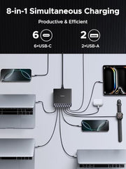 200W GaN 8 Port USB C Desktop Charging Station 100W PD Fast Charger
