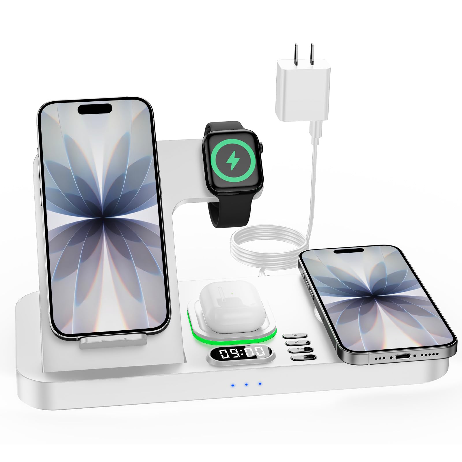 Dual Phone Magnetic Wireless Charging Station with Clock and 7 Color Light