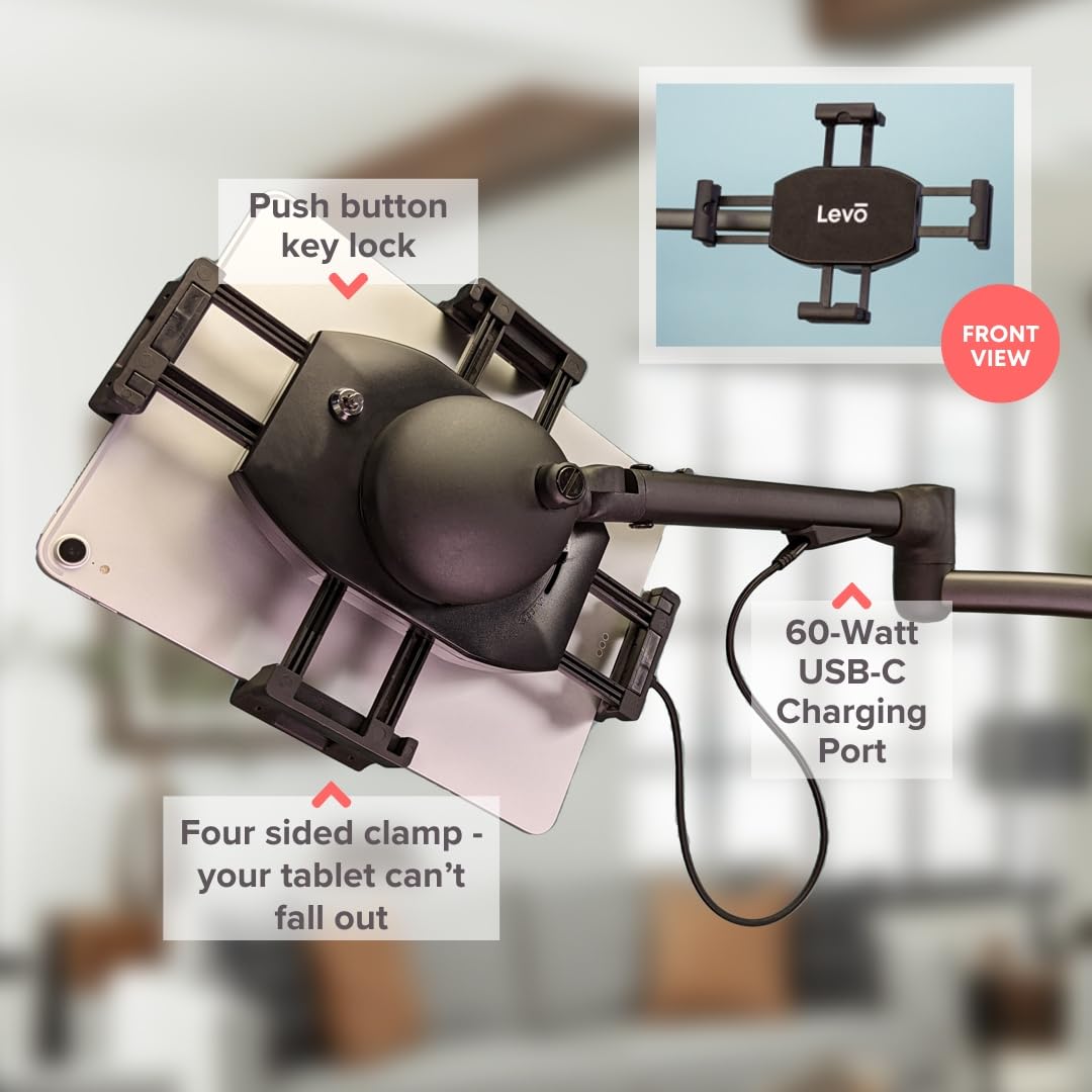 Ergonomic Tablet Rolling Cart Stand with 60W USB C Charging Port