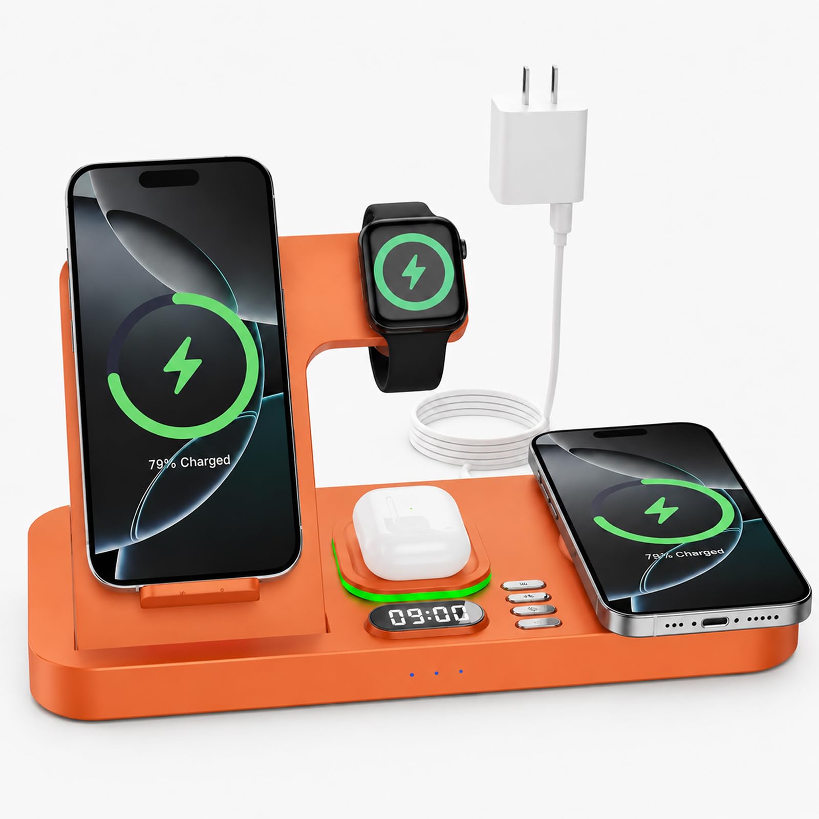 Dual Phone Magnetic Wireless Charging Station with Clock and 7 Color Light