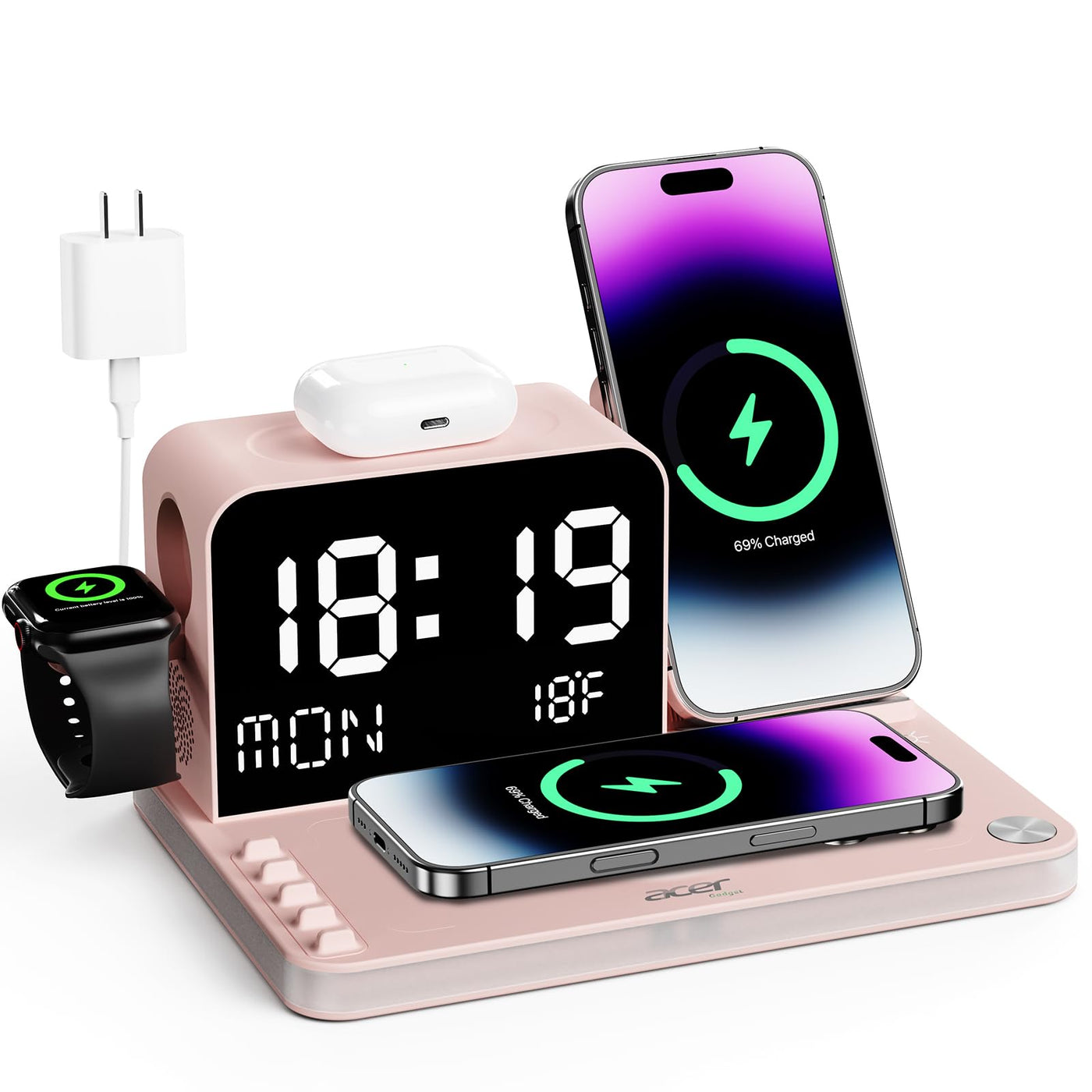 7 in 1 Wireless Charging Station with LED Clock 30W Fast Charger