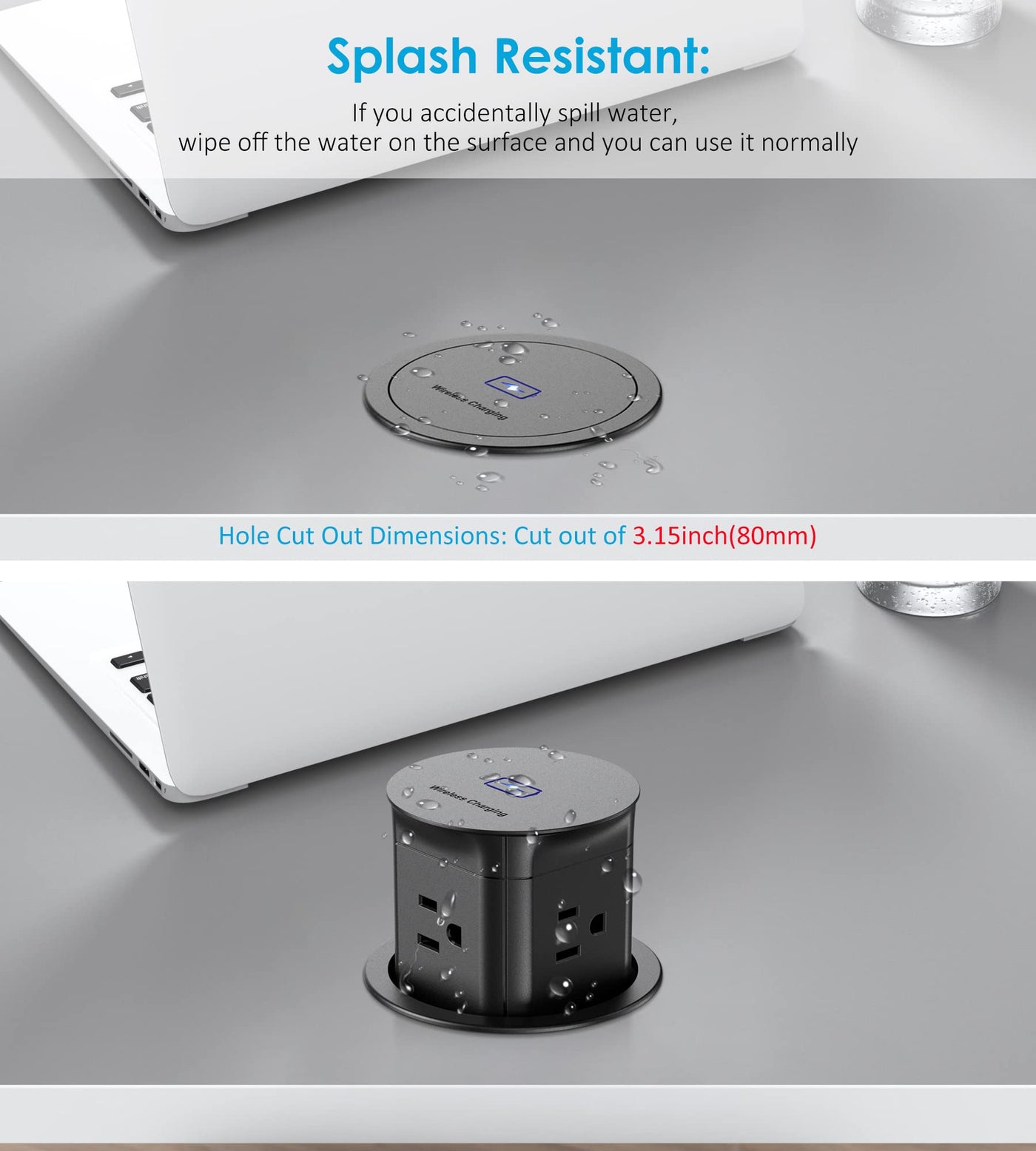 15W Wireless Charging Pop Up Outlet 4 AC Splash Resistant Power Grommet