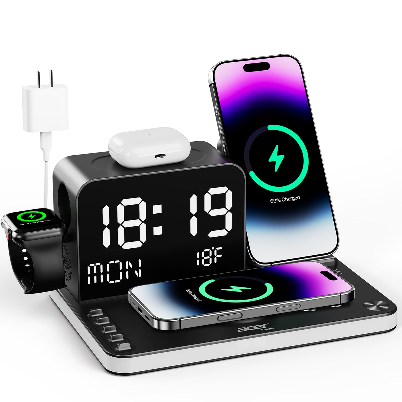 7 in 1 Wireless Charging Station with LED Clock 30W Fast Charger