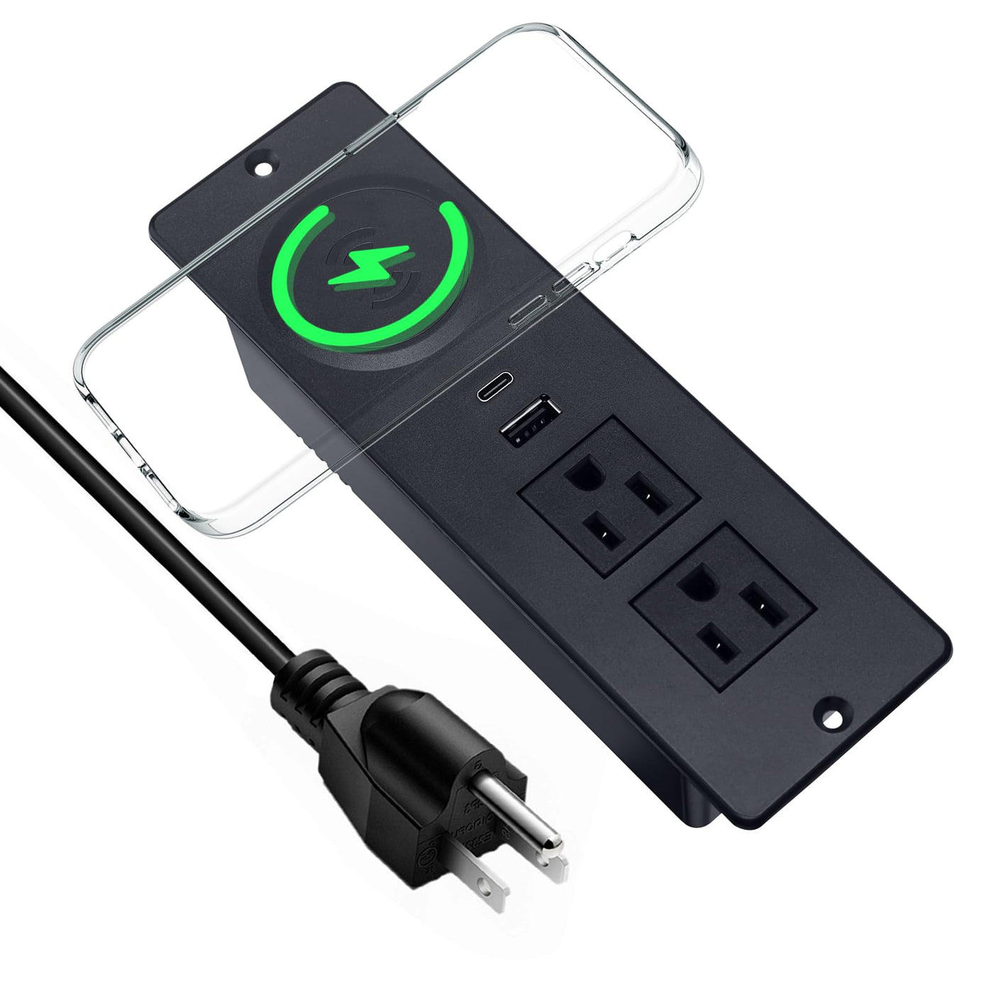 15W Wireless Charging Recessed Power Strip USB C 2 Outlets 2 USB Ports