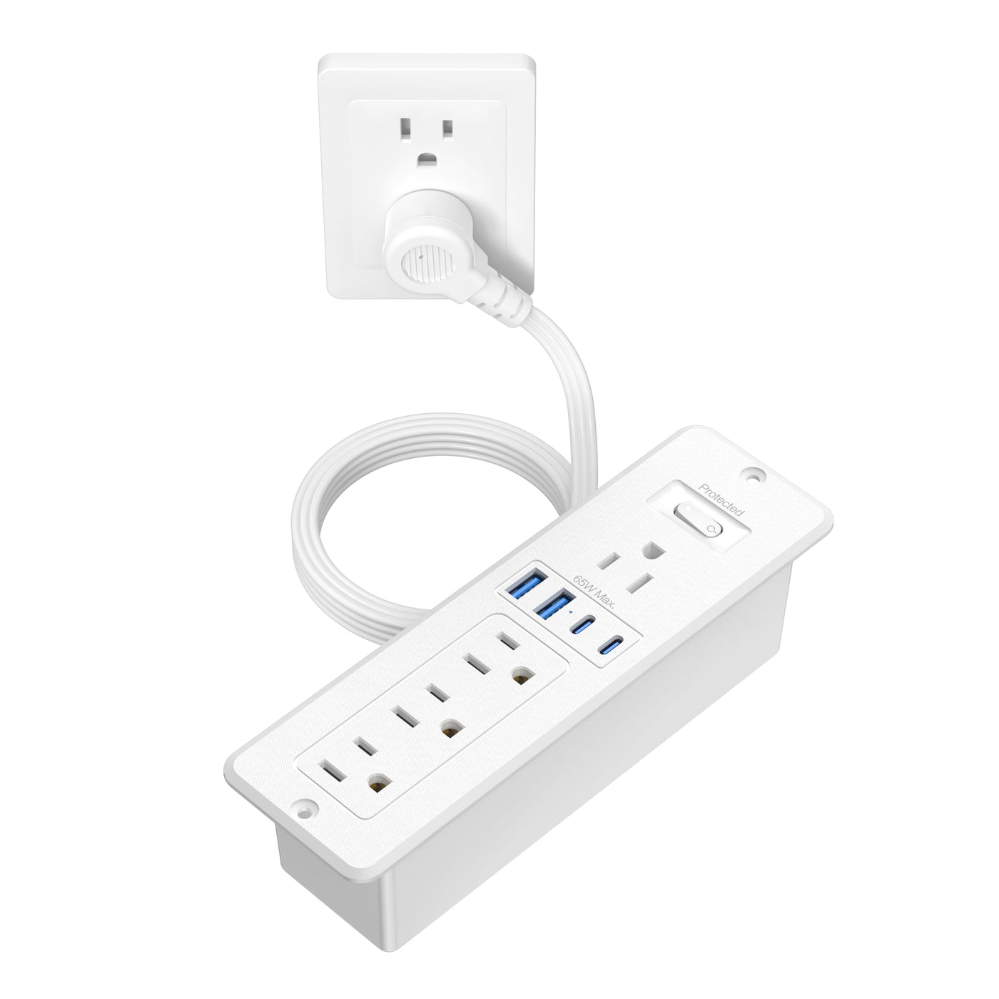 65W USB C Recessed Power Strip Desktop 4 AC Outlet PD GaN Charger