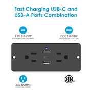 5 in 1 Recessed Power Strip 20W USB C Furniture Outlet Flat Plug