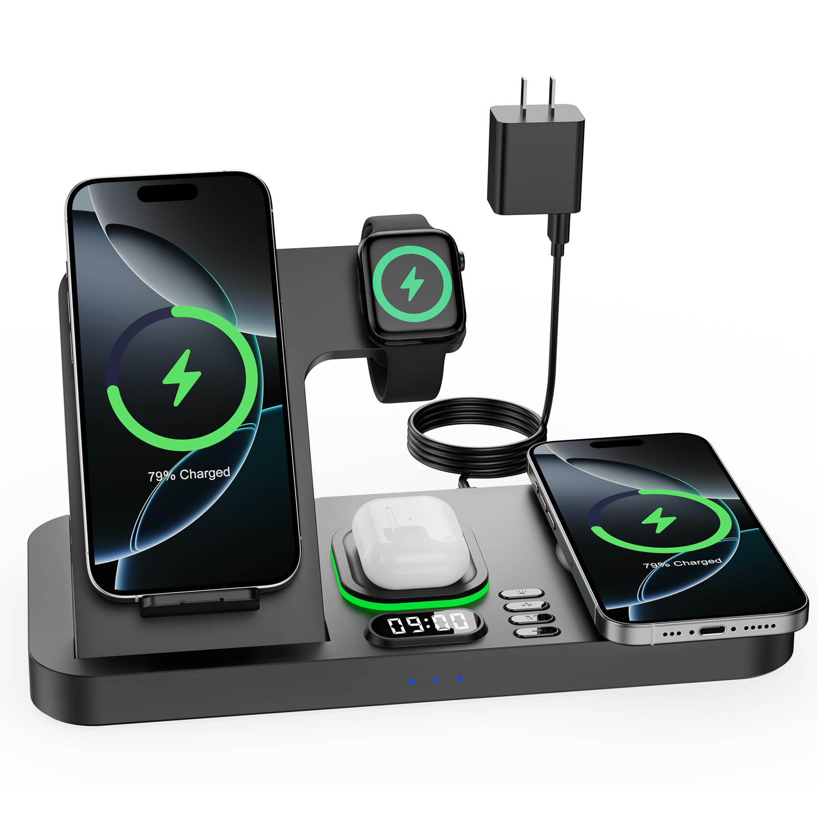 Dual Phone Magnetic Wireless Charging Station with Clock and 7 Color Light