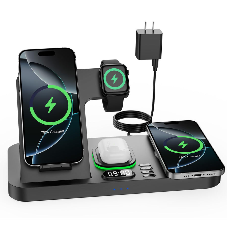 Dual Phone Magnetic Wireless Charging Station with Clock and 7 Color Light