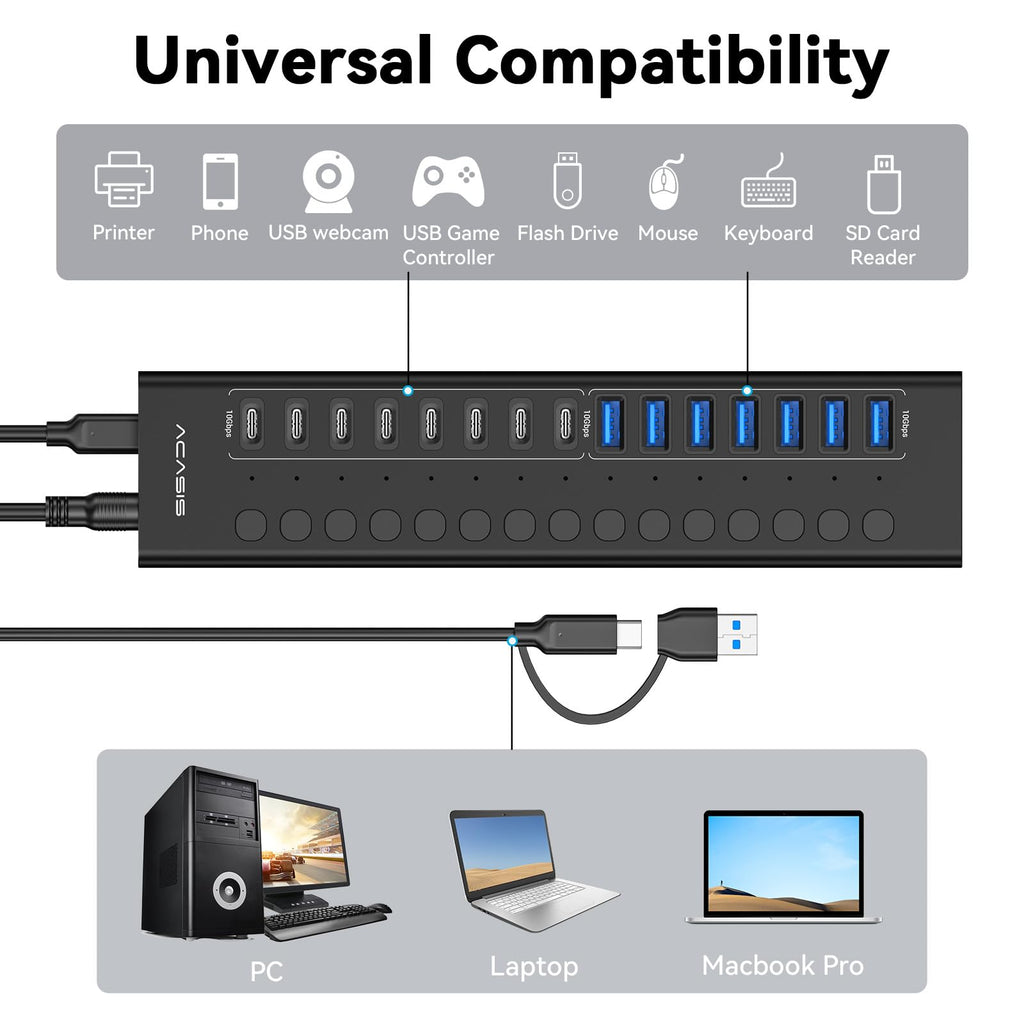 16 Port Powered USB 3.2 Hub 8 USB C 8 USB A with 96W Adapter