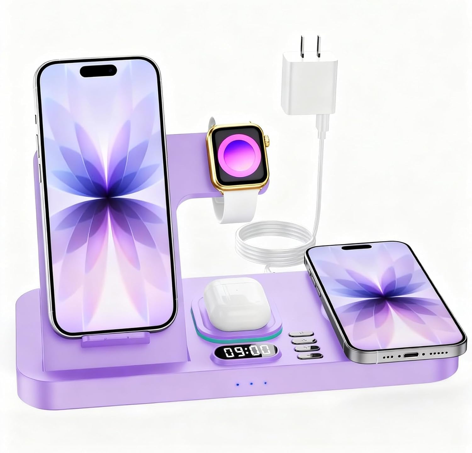 Dual Phone Magnetic Wireless Charging Station with Clock and 7 Color Light