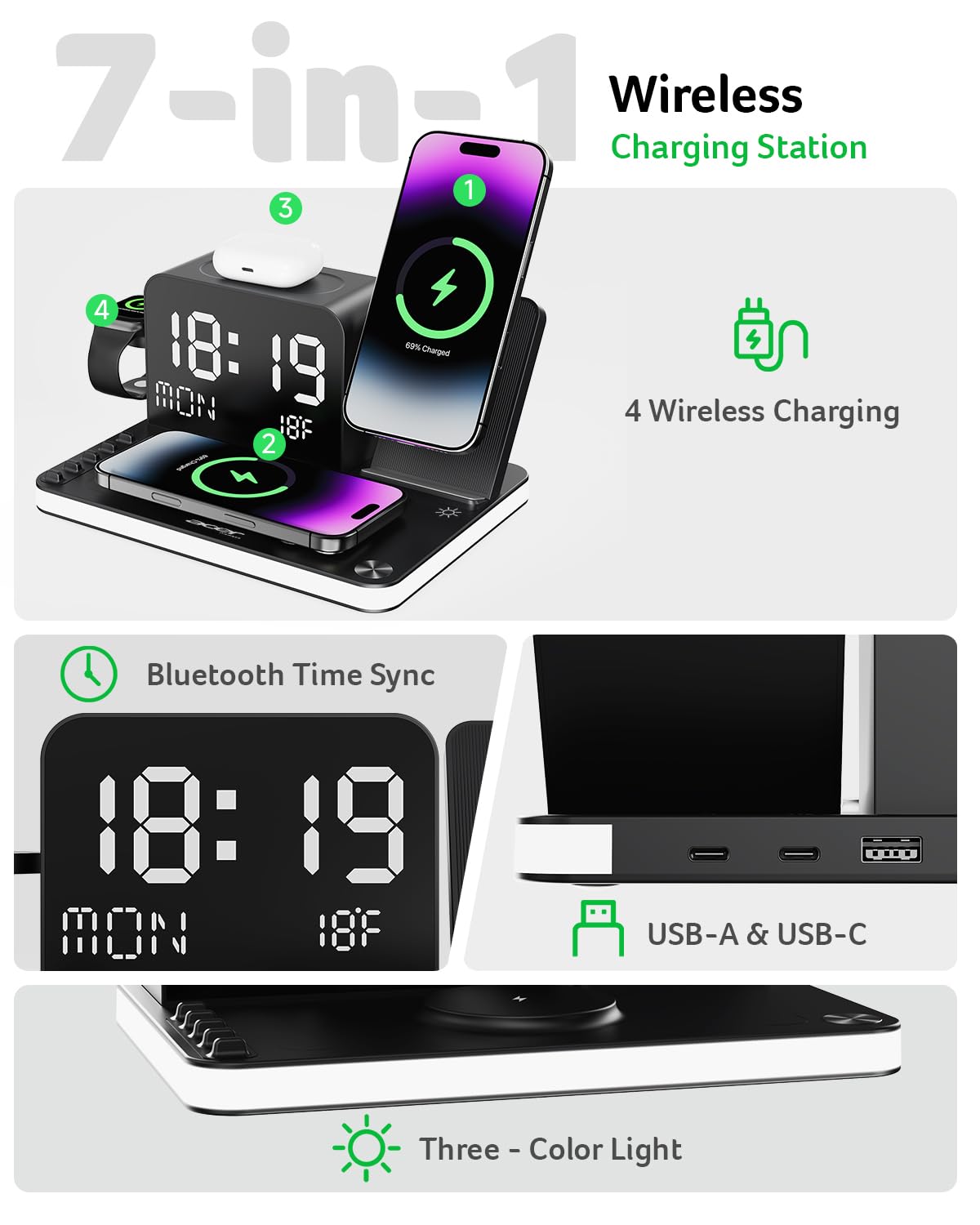 7 in 1 Wireless Charging Station with LED Clock 30W Fast Charger