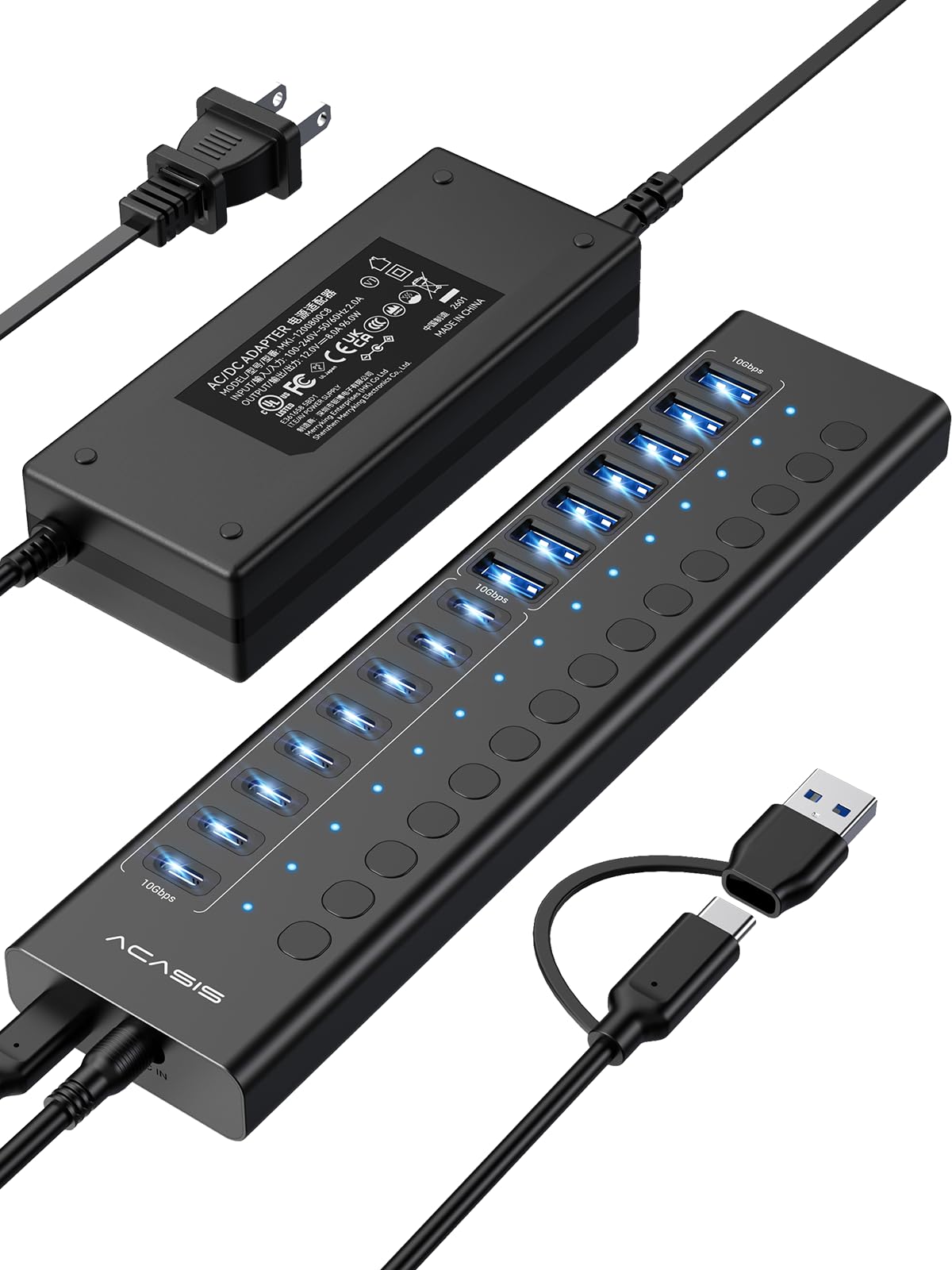 16 Port Powered USB 3.2 Hub 8 USB C 8 USB A with 96W Adapter
