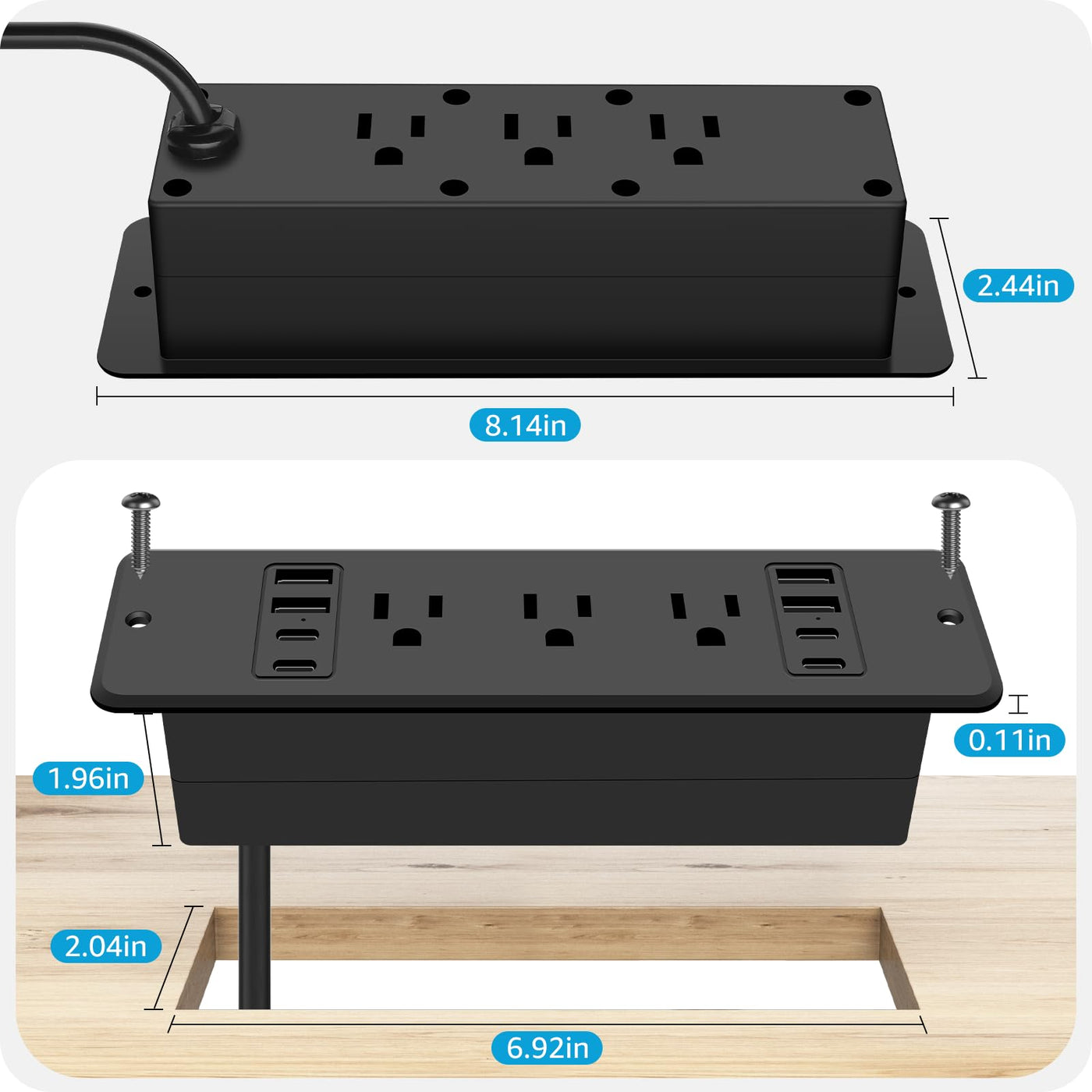 14 in 1 Recessed Power Strip 20W Surge Protector 6 AC 8 USB Ports