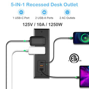 20W USB C Recessed Power Strip Desk Outlet with USB A Flat Plug