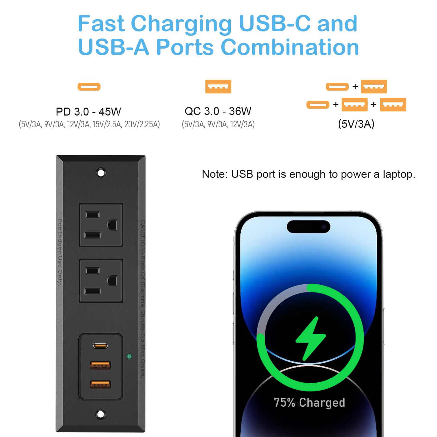 20W USB C Recessed Power Strip Desk Outlet with USB A Flat Plug