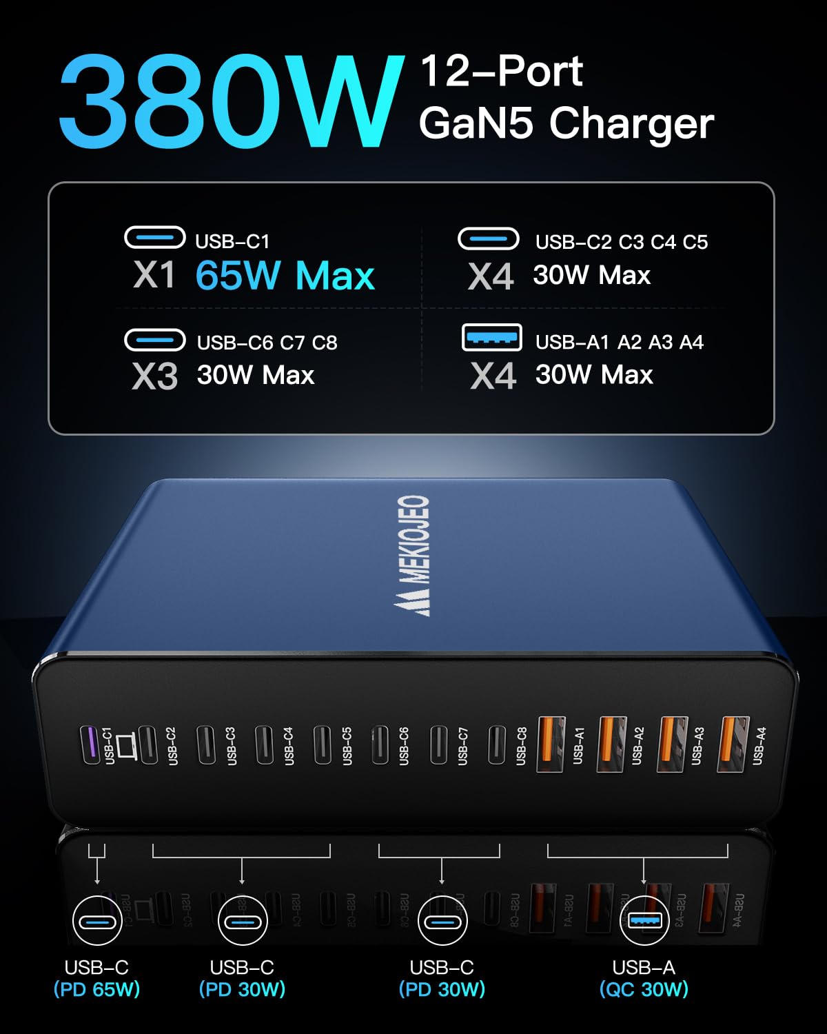 65W GaN 12 Port USB C Charging Station Aluminum Laptop Charger