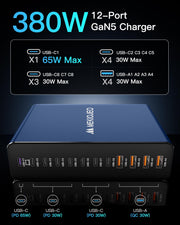 65W GaN 12 Port USB C Charging Station Aluminum Laptop Charger