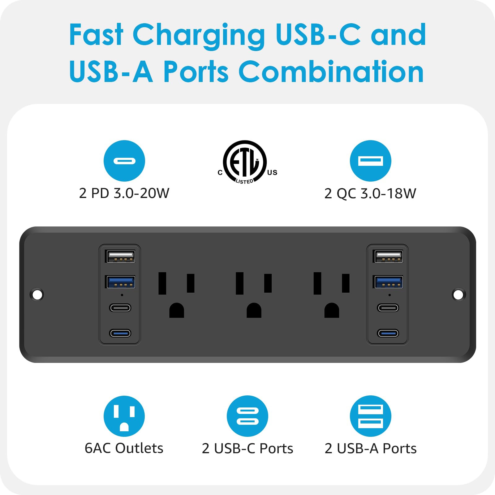 14 in 1 Recessed Power Strip 20W Surge Protector 6 AC 8 USB Ports