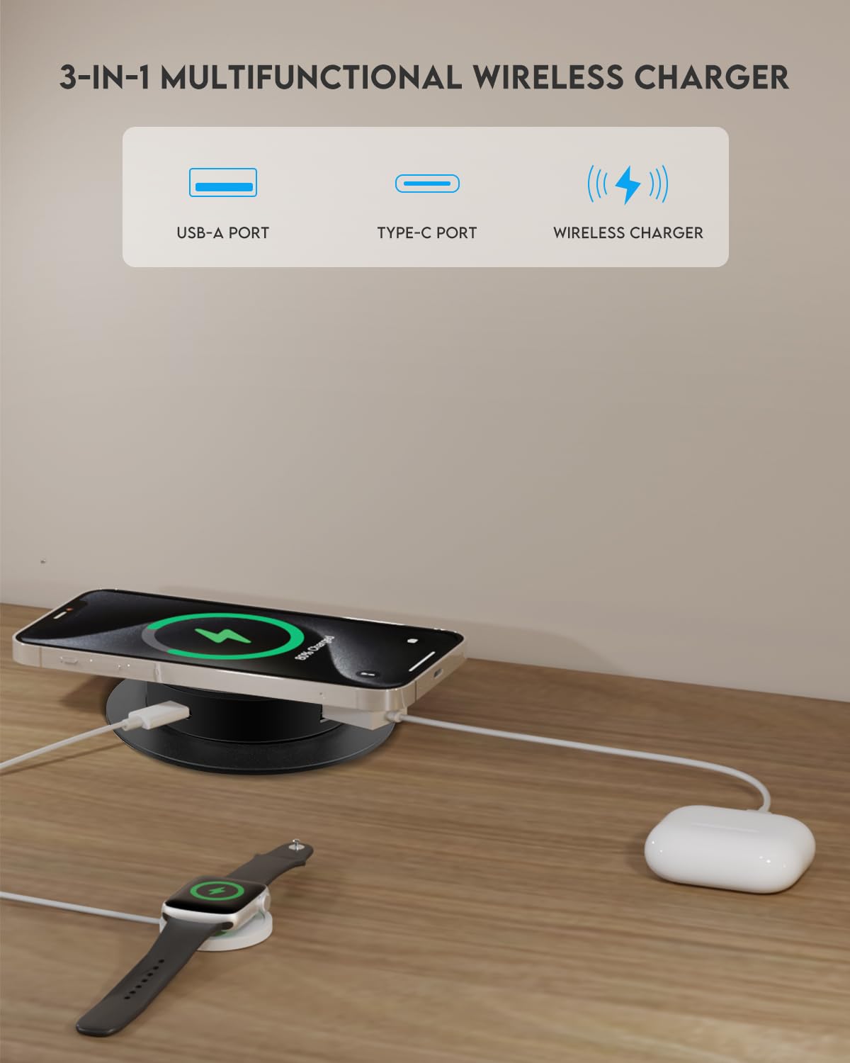 15W Pop Up Retractable Desktop Wireless Charger USB A USB C Ports