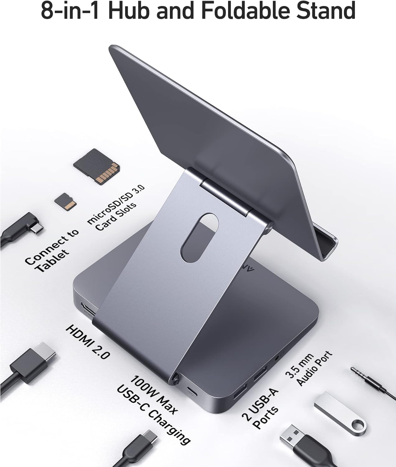 8 in 1 USB C Hub with Foldable Tablet Stand 4K HDMI USB A Ports