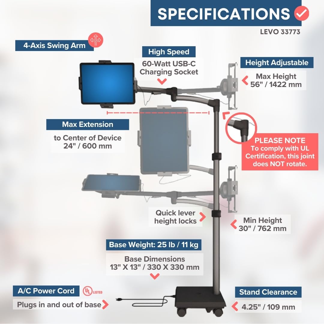 Ergonomic Tablet Rolling Cart Stand with 60W USB C Charging Port
