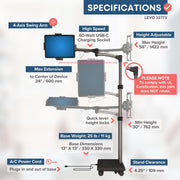 Ergonomic Tablet Rolling Cart Stand with 60W USB C Charging Port