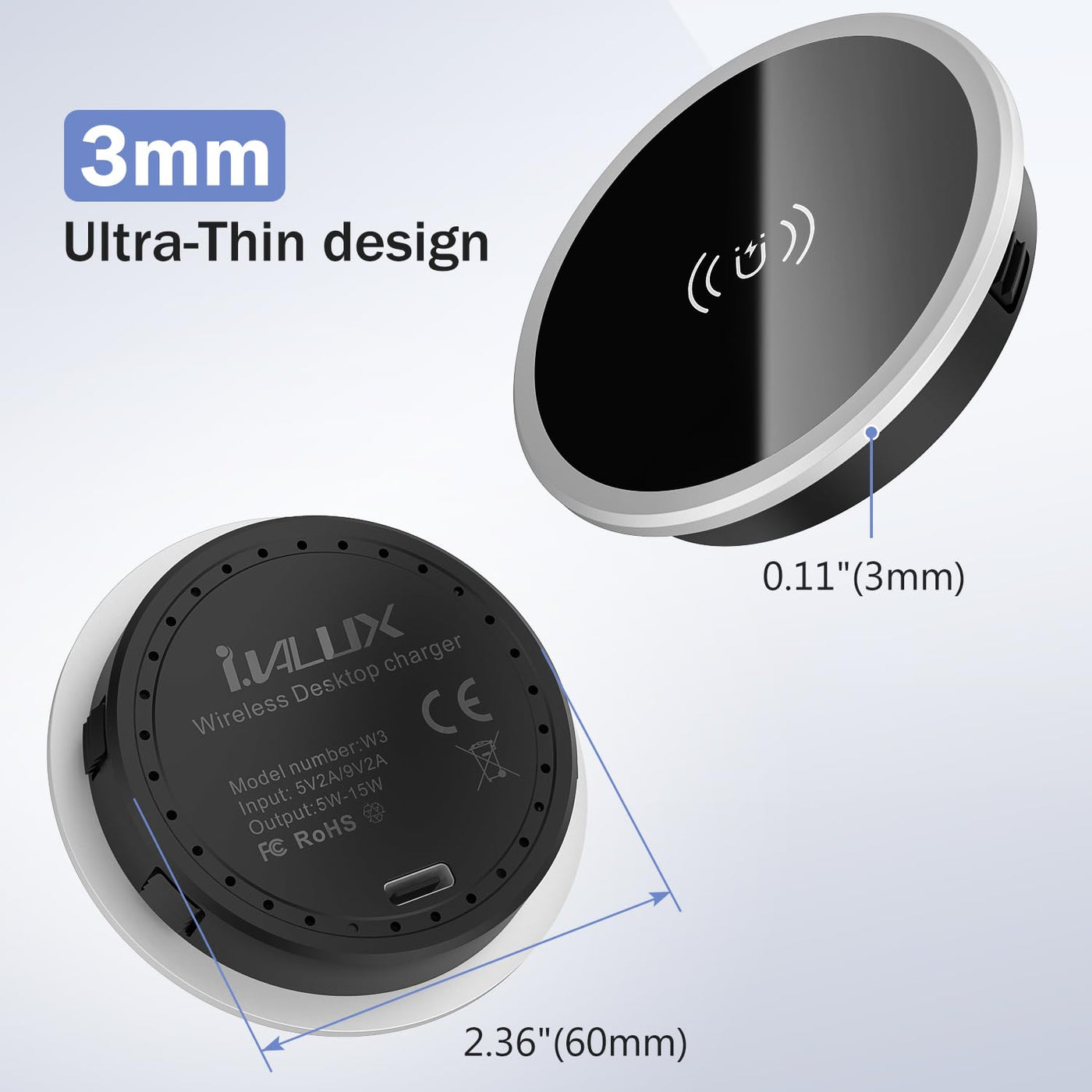 15W Magnetic Wireless Charger Desk Mount Recessed Qi Charging Pad
