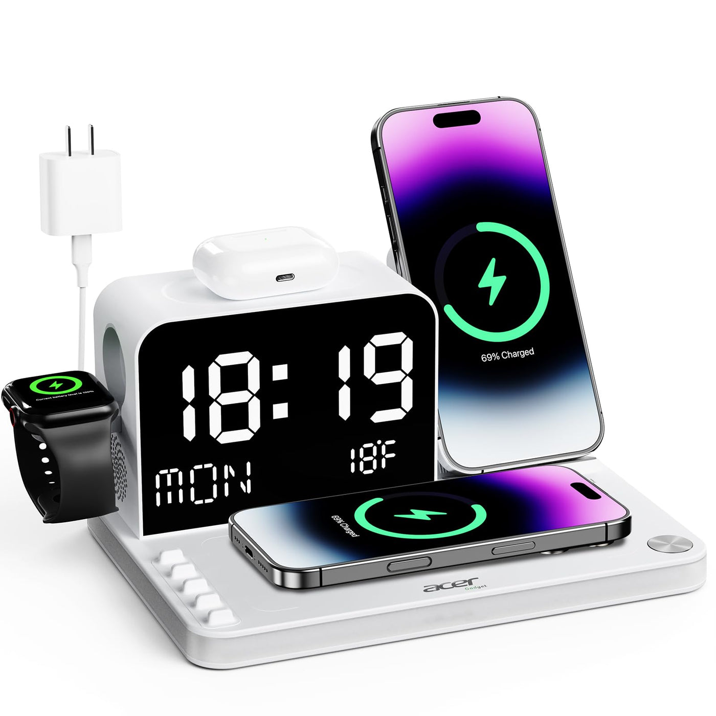 7 in 1 Wireless Charging Station with LED Clock 30W Fast Charger