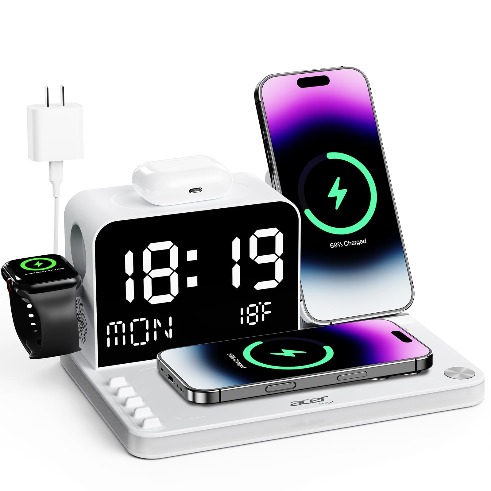 7 in 1 Wireless Charging Station with LED Clock 30W Fast Charger