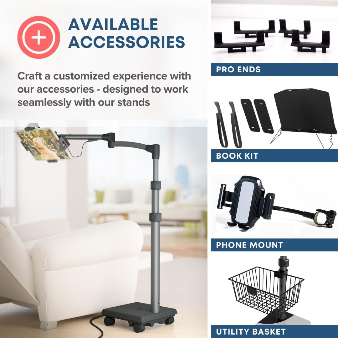Ergonomic Tablet Rolling Cart Stand with 60W USB C Charging Port