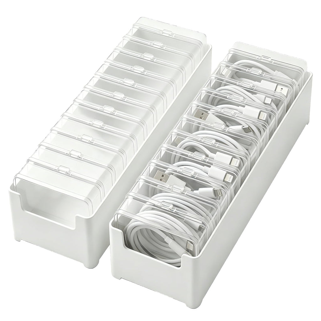 2 Pack Cable Organizer Box with 22 Mini Clear Cord Storage Cases