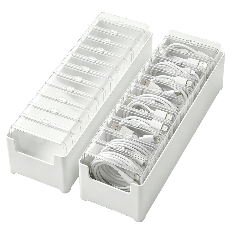 2 Pack Cable Organizer Box with 22 Mini Clear Cord Storage Cases