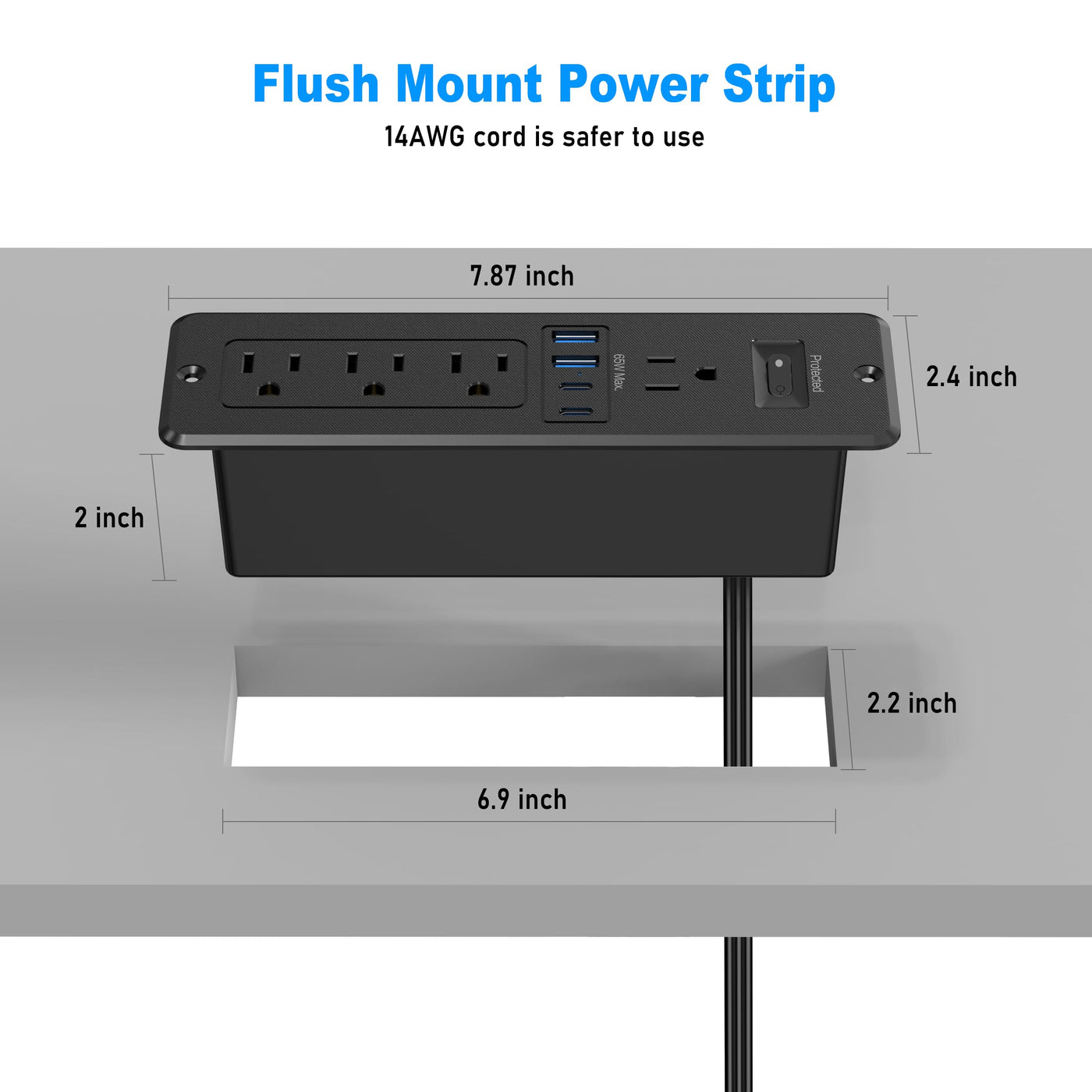 65W USB C Recessed Power Strip Desktop 4 AC Outlet PD GaN Charger