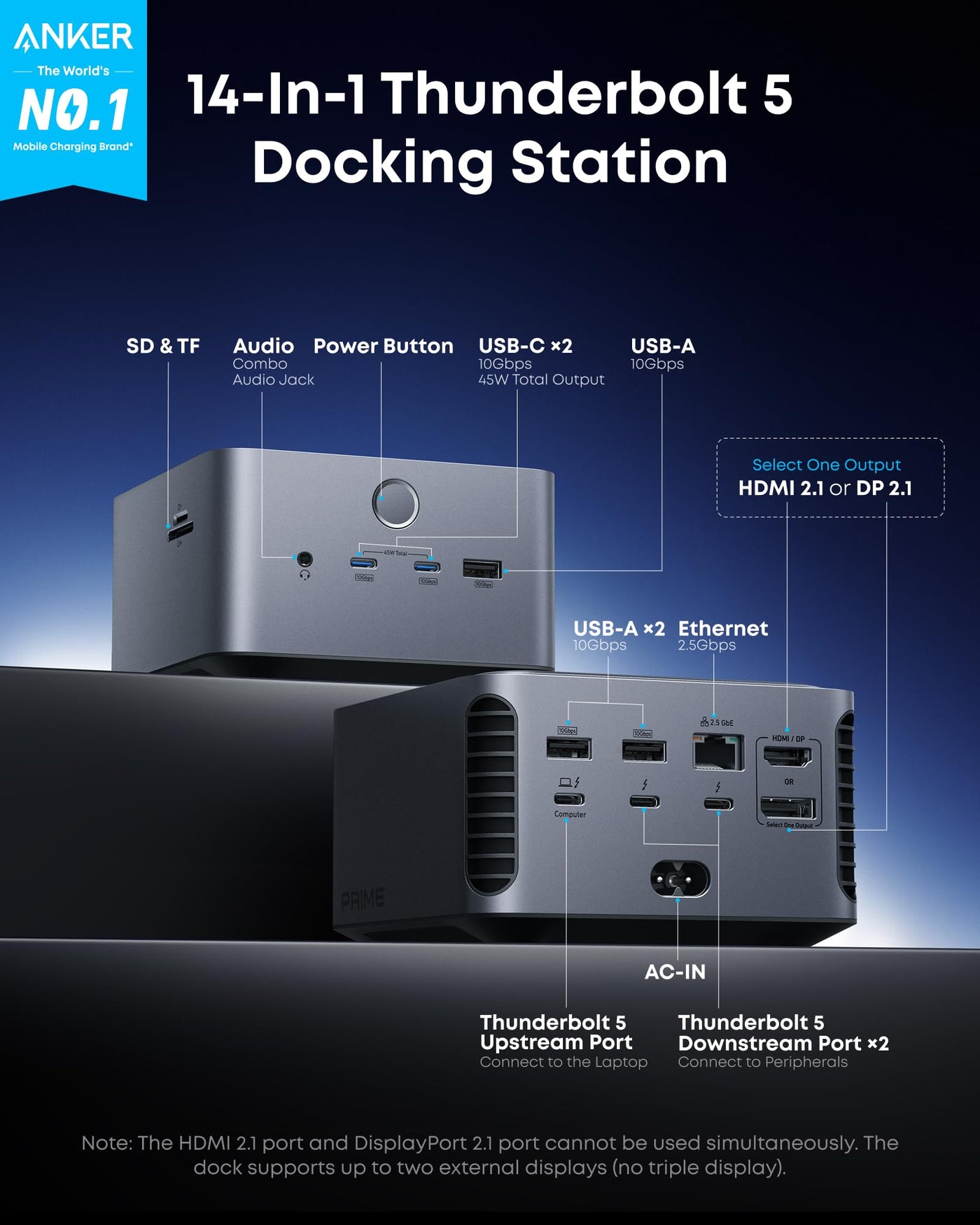 14 in 1 Thunderbolt 5 Docking Station 120Gbps 140W 8K Dual Display