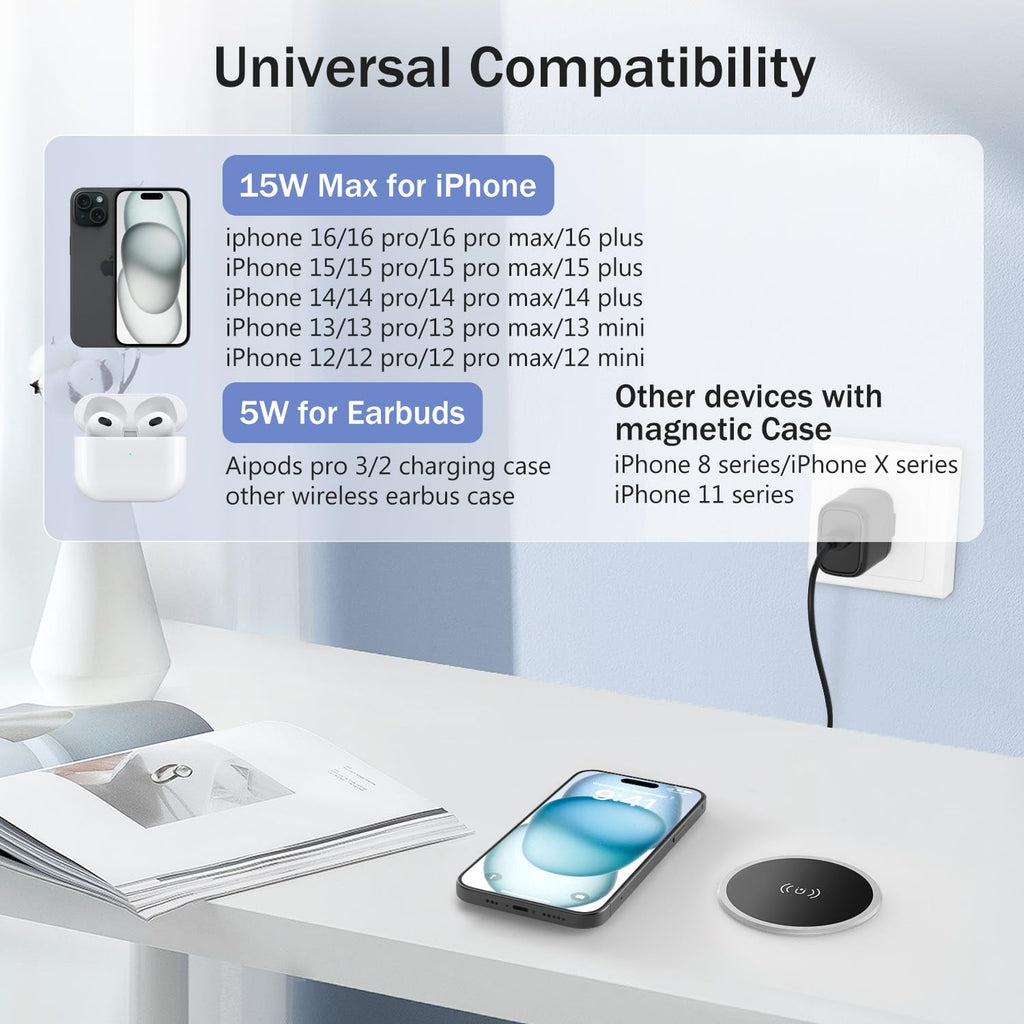 15W Magnetic Wireless Charger Desk Mount Recessed Qi Charging Pad