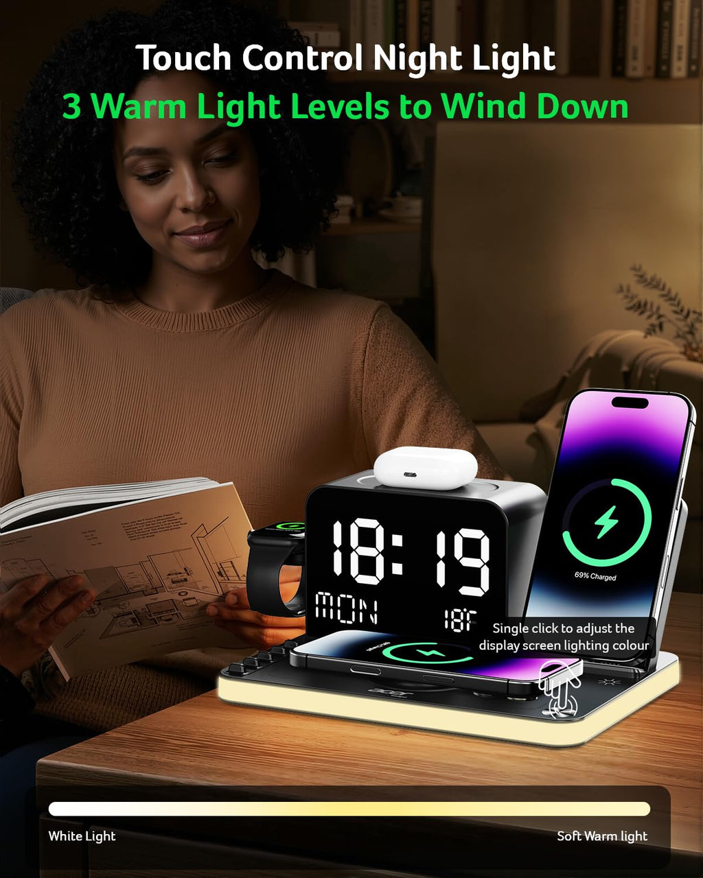 7 in 1 Wireless Charging Station with LED Clock 30W Fast Charger