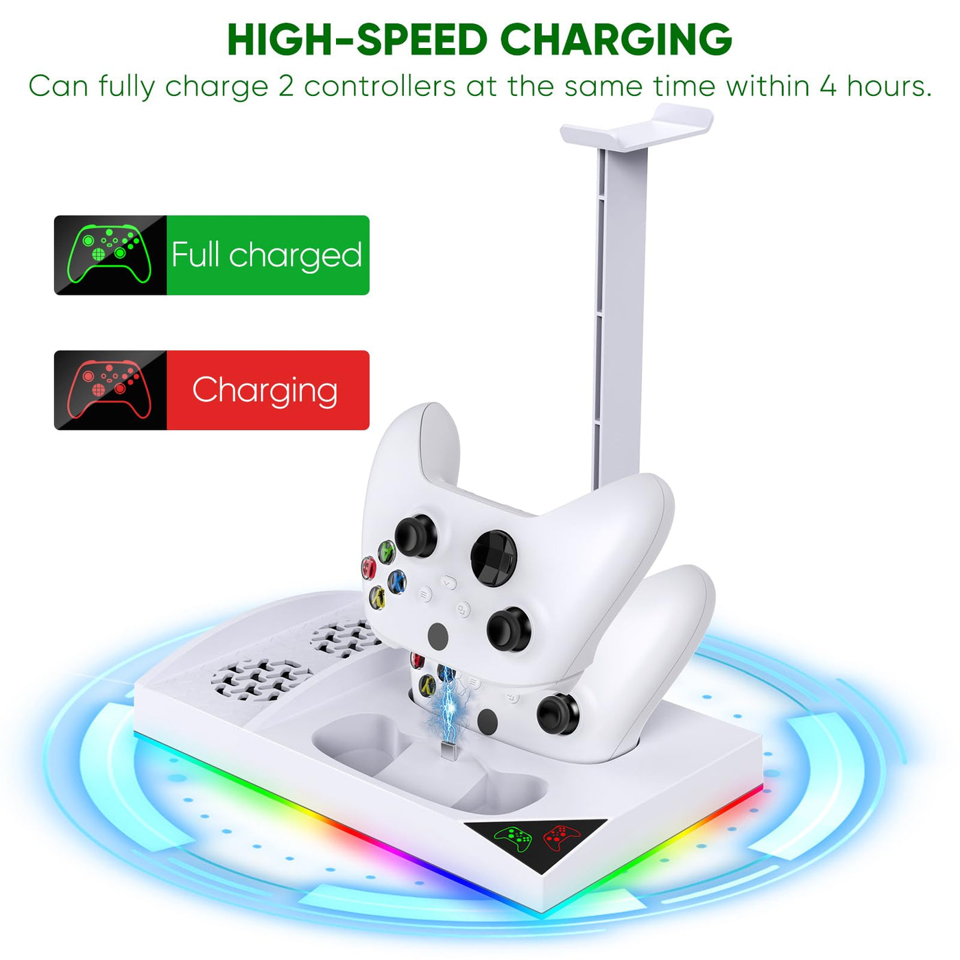 RGB Cooling Fan Stand Dual Controller Charging Station Rechargeable Battery