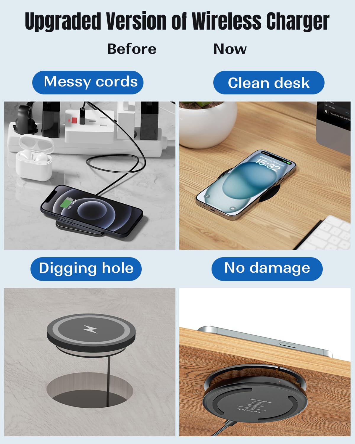 Invisible Under Desk Wireless Charging Pad 0 to 30mm Dual Use