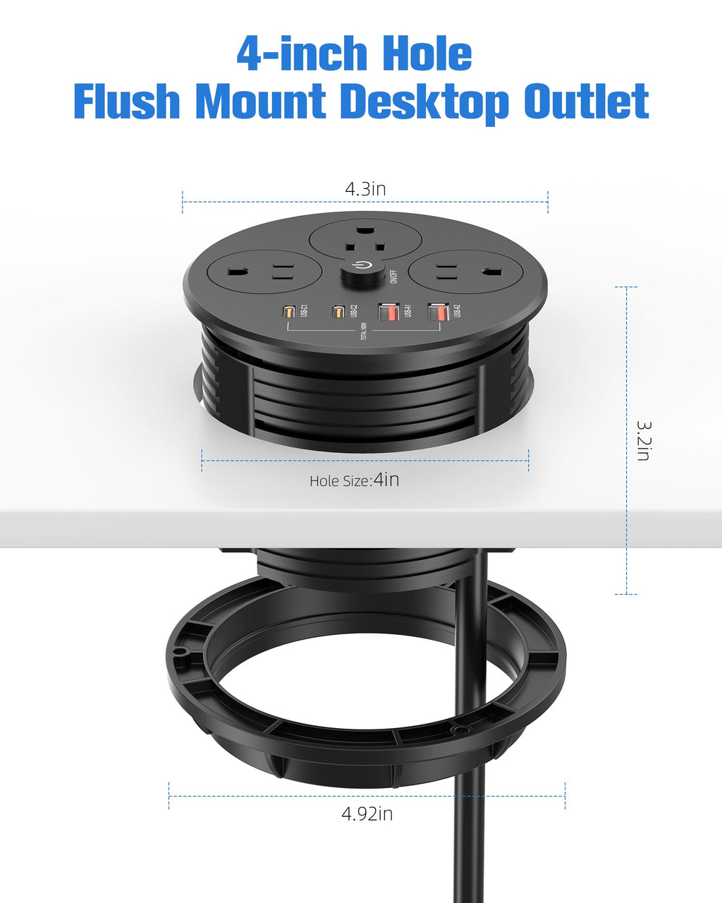 Desktop Power Grommet with 100W PD USB C Fast Charging