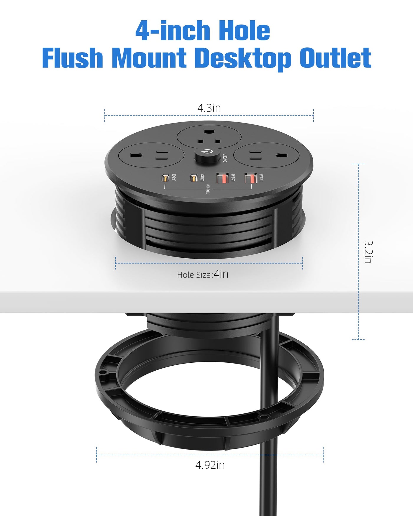 Desktop Power Grommet with 100W PD USB C Fast Charging