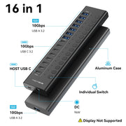16 Port Powered USB 3.2 Hub 8 USB C 8 USB A with 96W Adapter
