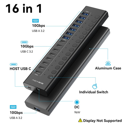 16 Port Powered USB 3.2 Hub 8 USB C 8 USB A with 96W Adapter
