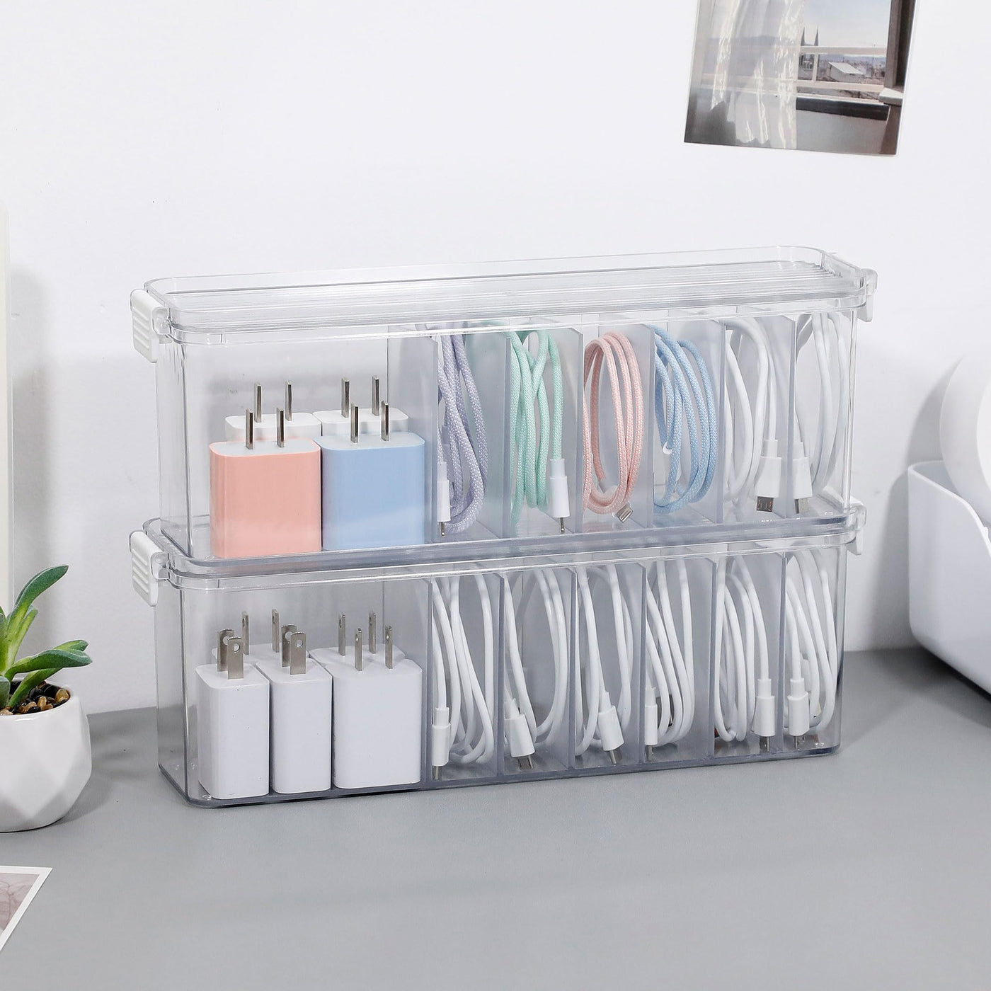 2 Pack Clear Cord Organizer Box for Desk Drawer Cable Storage Container