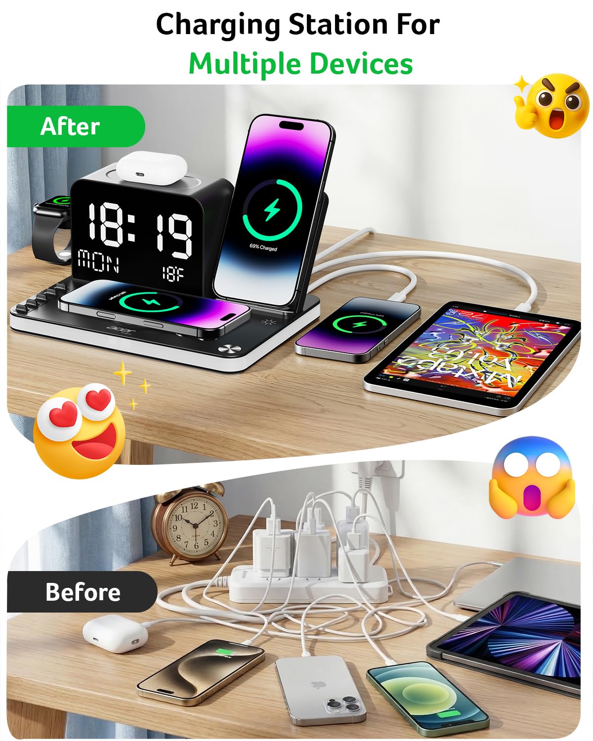 7 in 1 Wireless Charging Station with LED Clock 30W Fast Charger