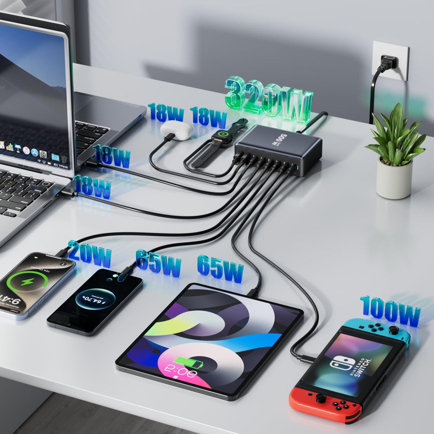 8 Port USB C Fast Charging Station Charger Block