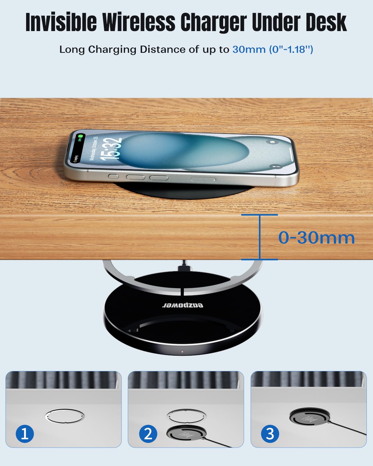 Invisible Under Desk Wireless Charging Pad 0 to 30mm Dual Use
