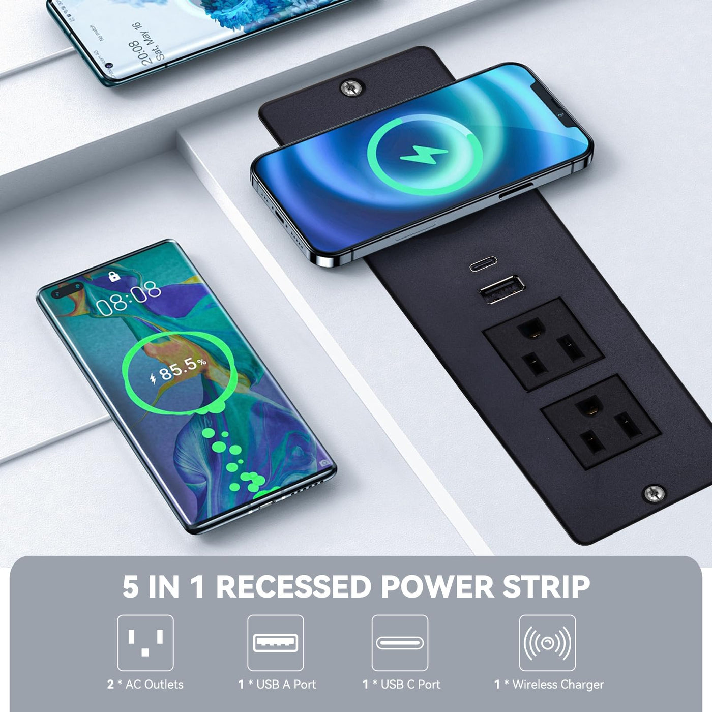 15W Wireless Charging Recessed Power Strip USB C 2 Outlets 2 USB Ports