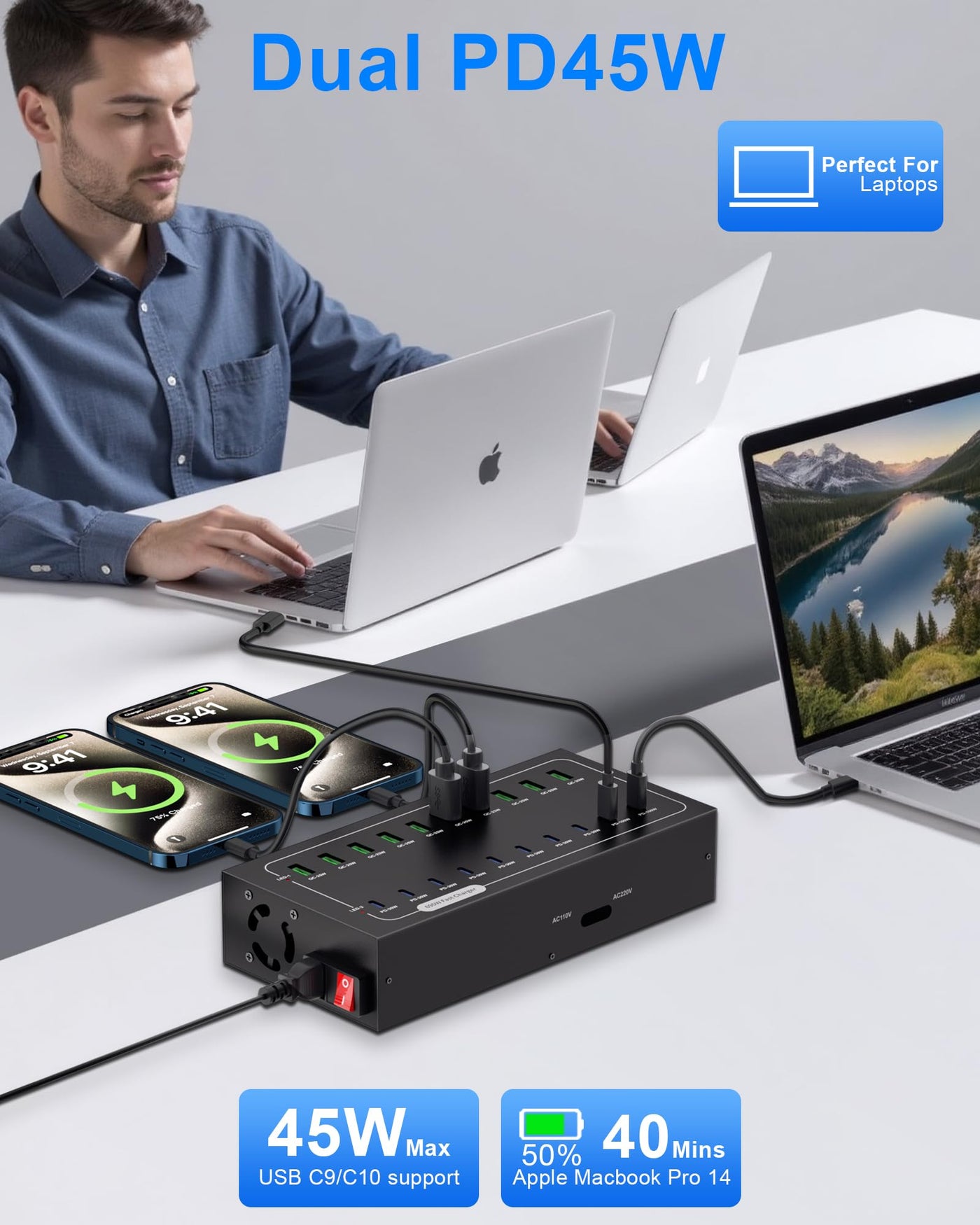 20 Port USB C Charging Station PD 100W Fast Charger