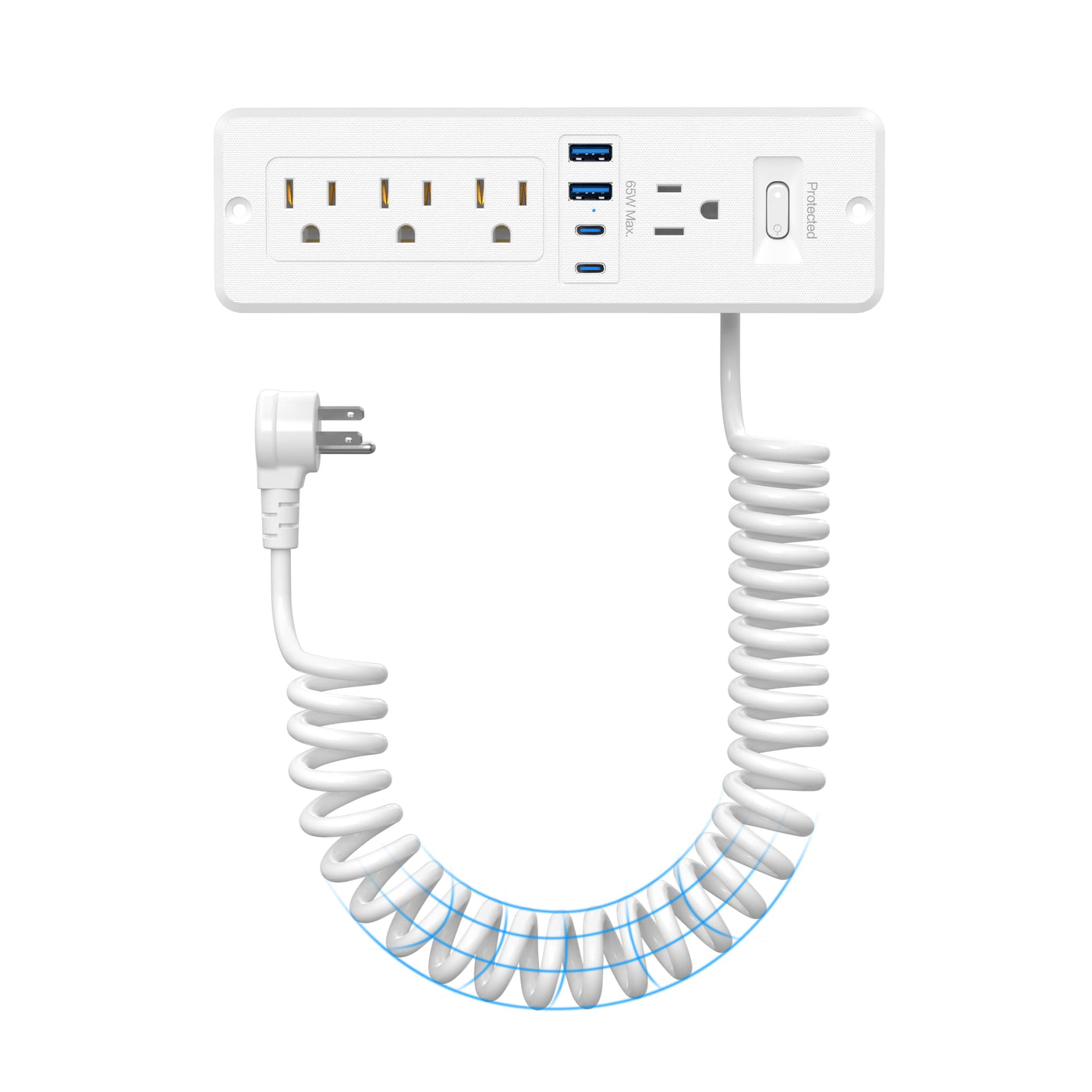 65W Recessed Power Strip with Retractable Spring Cord